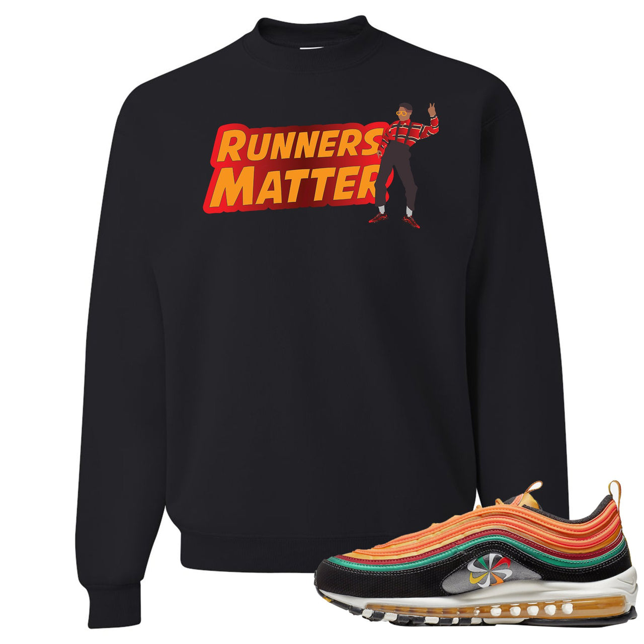 Printed on the front of the Air Max 97 Sunburst black sneaker matching crewneck is the Runners Matter logo