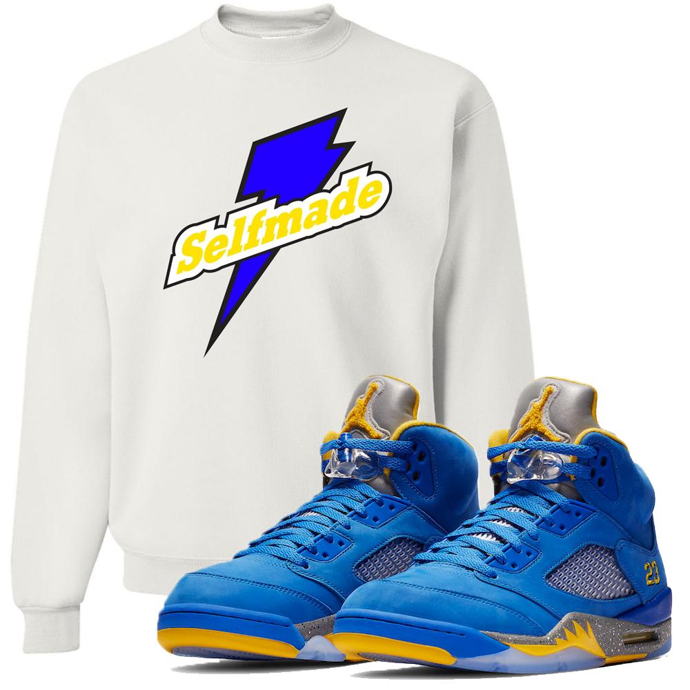This white and yellow sweater will match great with your Jordan 5 Alternate Laney JSP shoes