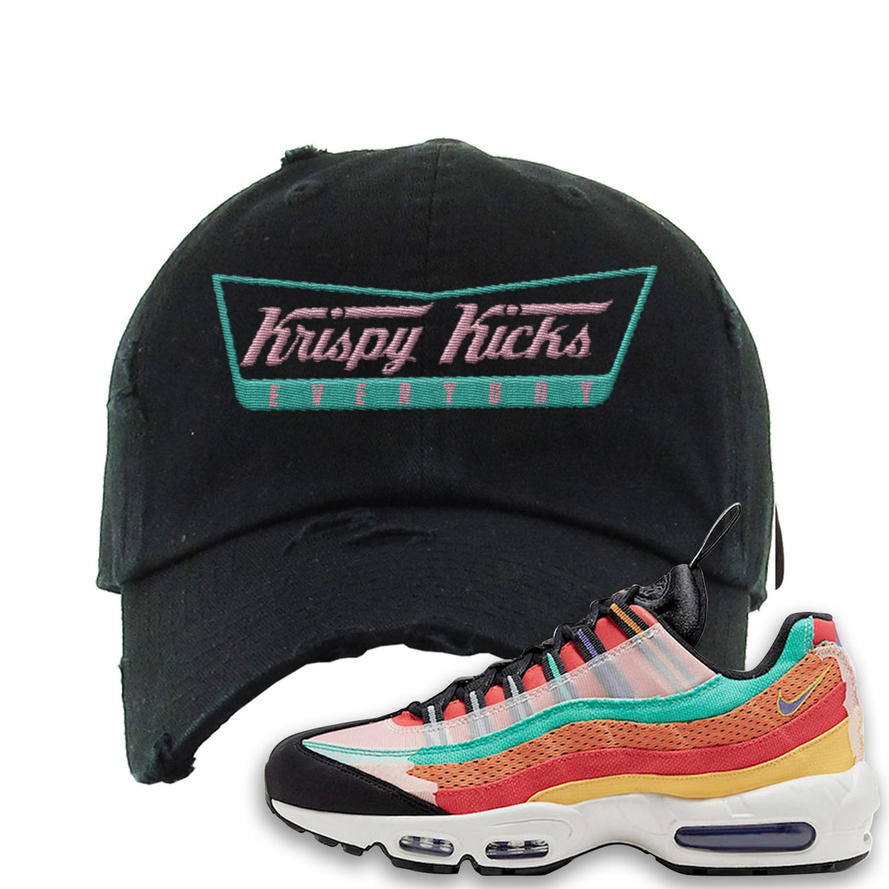 Air Max 95 Black History Month Sneaker Black Distressed Dad Hat | Hat to match Air Max 95 Black History Month Shoes | Krispy Kicks