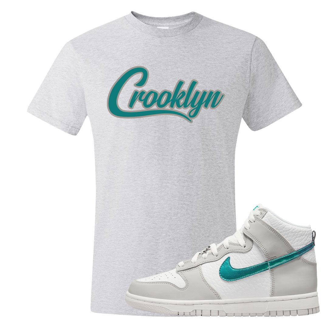 White Grey Turquoise High Dunks T Shirt | Crooklyn, Ash