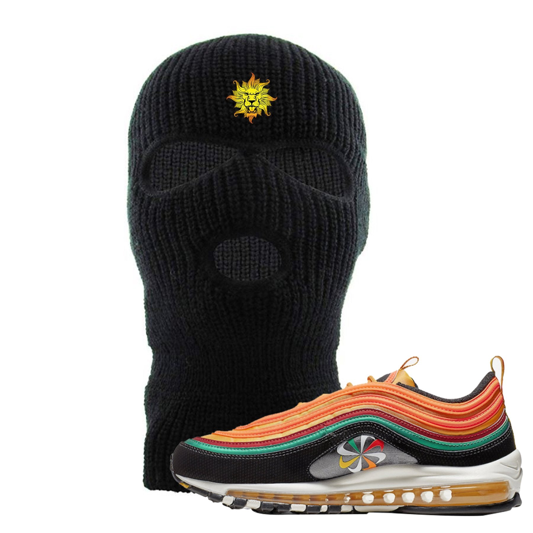Embroidered on the forehead of the Air Max 97 Sunburst black sneaker matching ski mask is the Vintage Lion Head logo