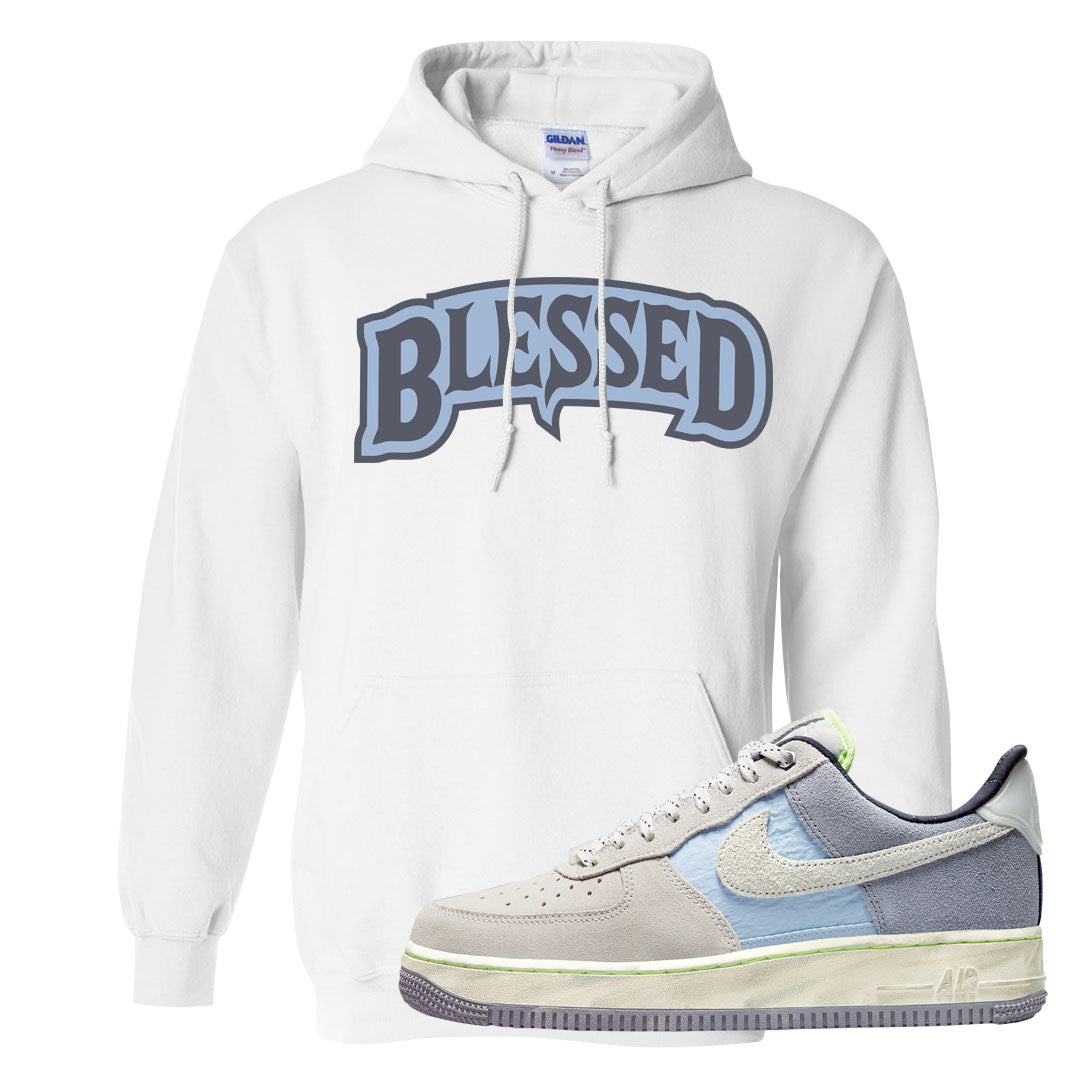 Womens Mountain White Blue AF 1s Hoodie | Blessed Arch, White