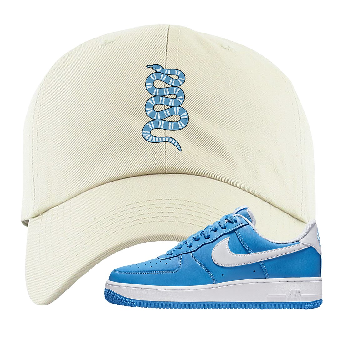 University Blue Low AF1s Dad Hat | Coiled Snake, White