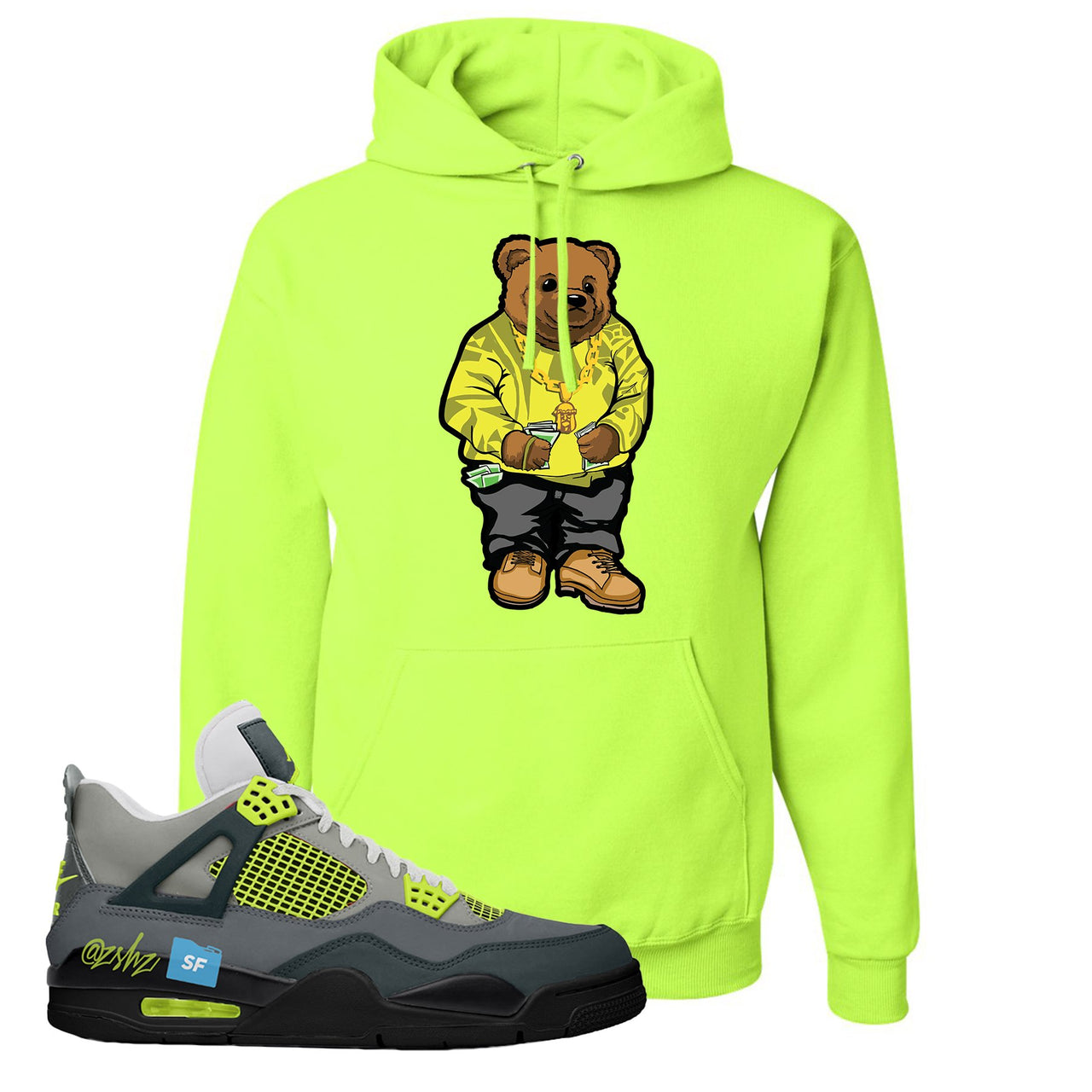 Jordan 4 Neon Sneaker Safety Green Pullover Hoodie | Hoodie to match Nike Air Jordan 4 Neon Shoes | Sweater Bear