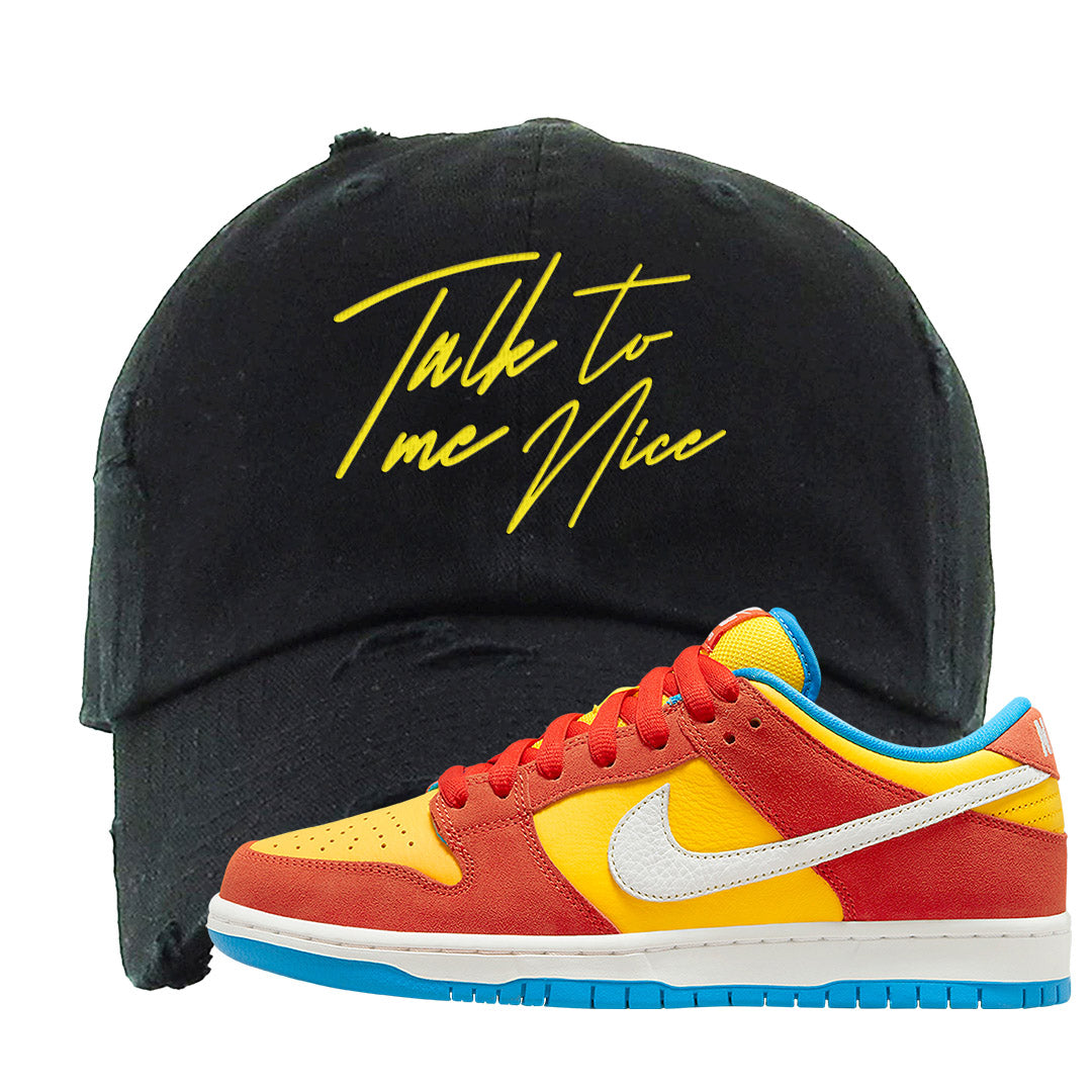 Habanero Red Gold Blue Low Dunks Distressed Dad Hat | Talk To Me Nice, Black