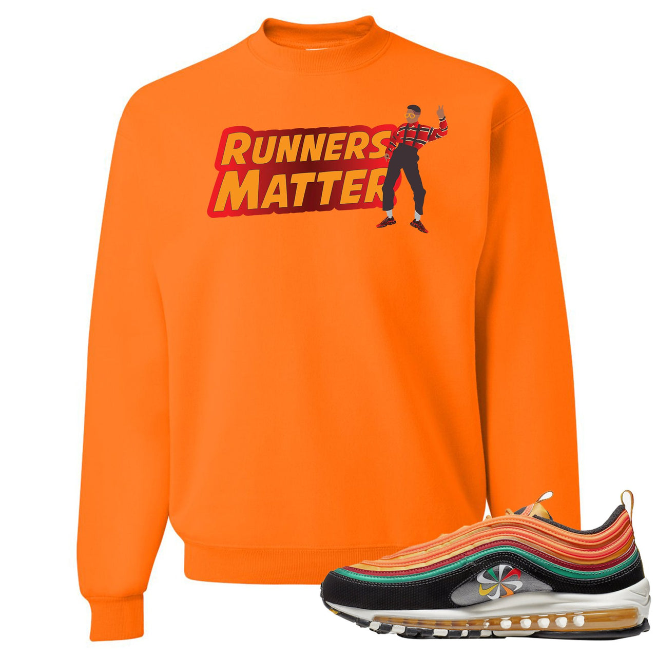 Printed on the front of the Air Max 97 Sunburst safety orange sneaker matching crewneck sweatshirt is the runners matter logo