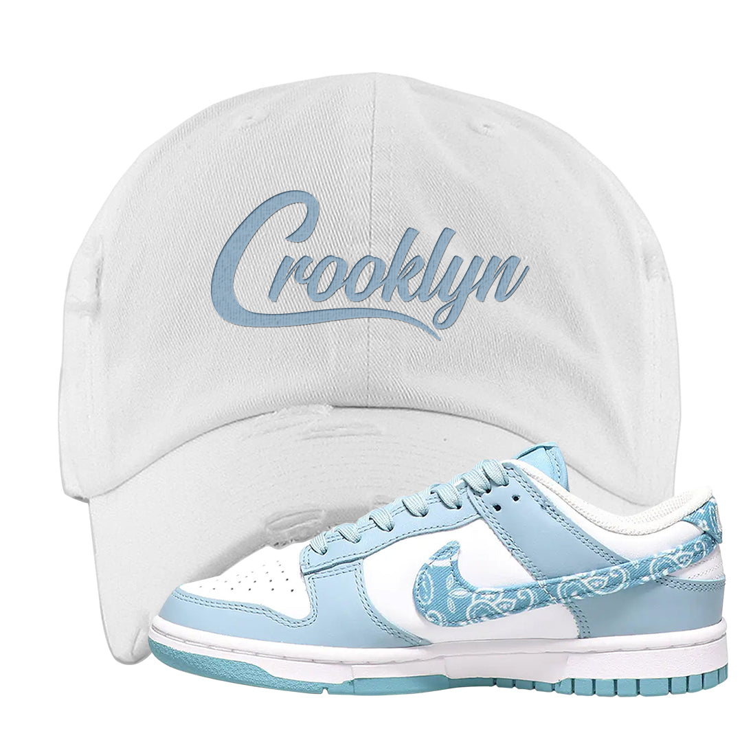 Paisley Light Blue Low Dunks Distressed Dad Hat | Crooklyn, White