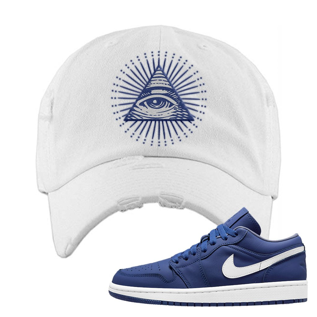 WMNS Dusty Blue Low 1s Distressed Dad Hat | All Seeing Eye, White