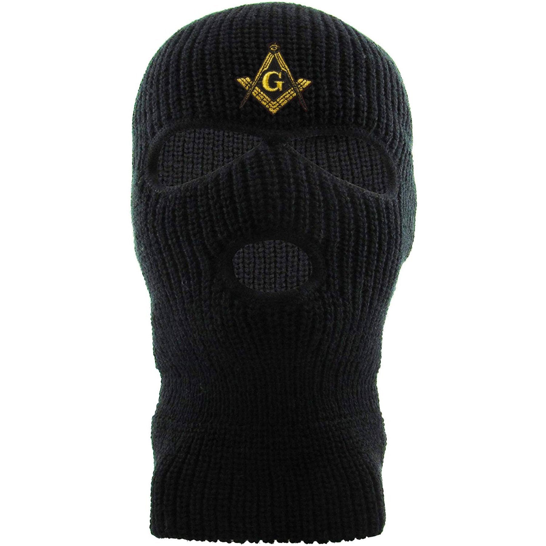 Embroidered on the front of the black mason ski mask is the masonic square compass embroidered in gold and black