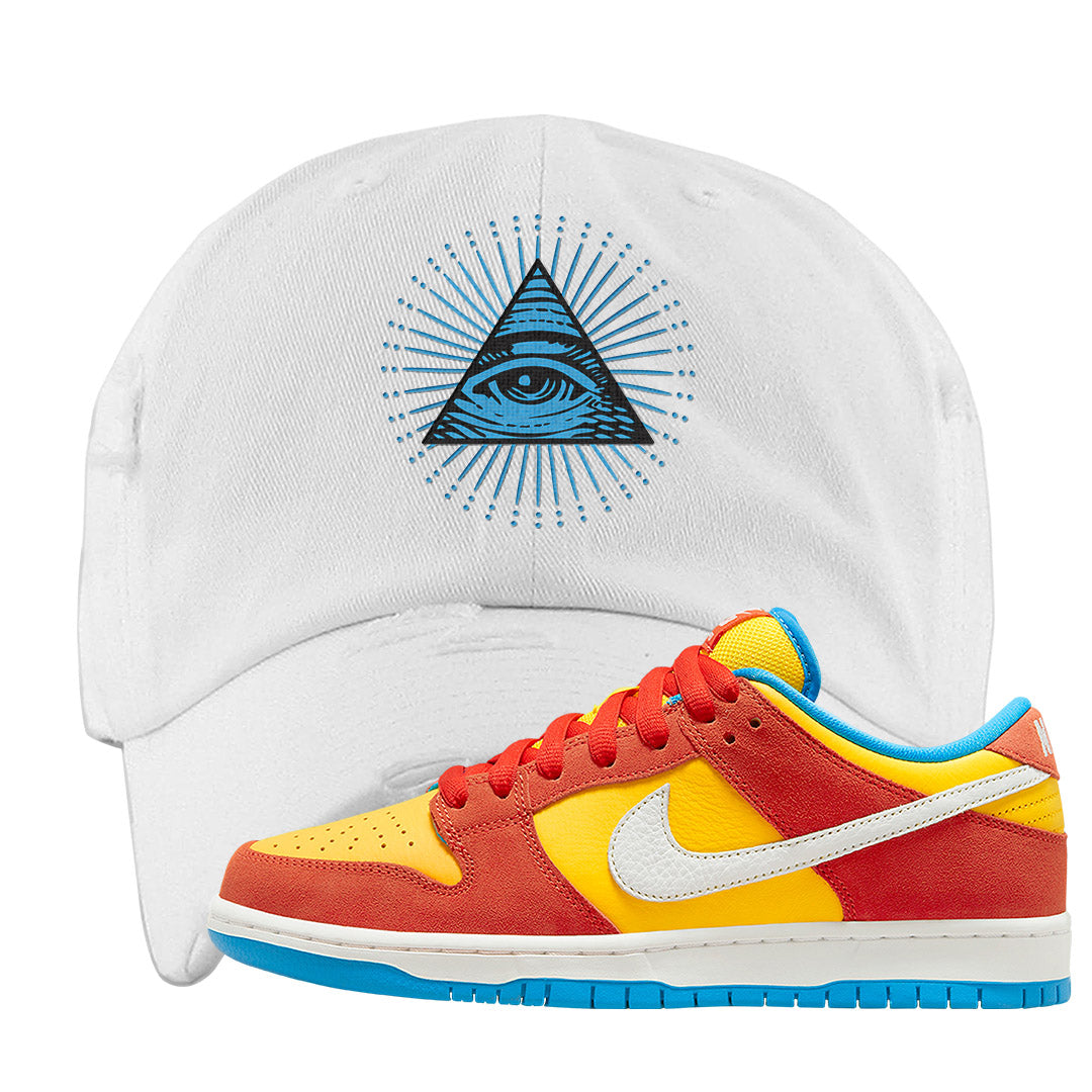Habanero Red Gold Blue Low Dunks Distressed Dad Hat | All Seeing Eye, White