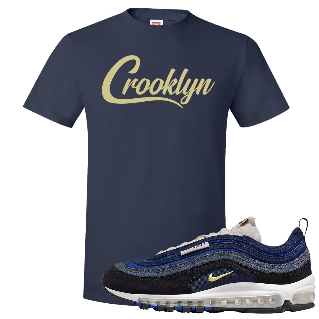 Navy Suede AMRC 97s T Shirt | Crooklyn, Navy Blue
