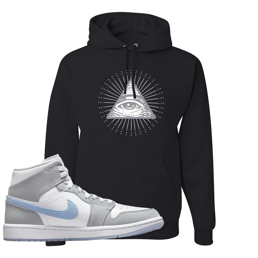 Air Jordan 1 Mid Grey Ice Blue Hoodie | All Seeing Eye, Black