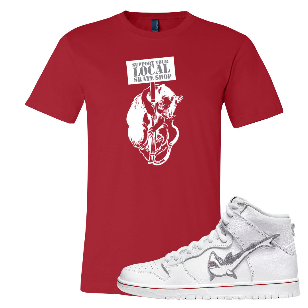 Shark High Dunks T Shirt | Support Your Local Skate Shop, Red