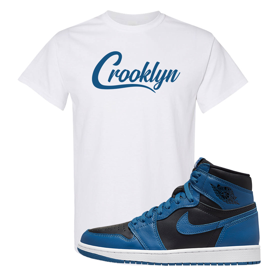 Dark Marina Blue 1s T Shirt | Crooklyn, White
