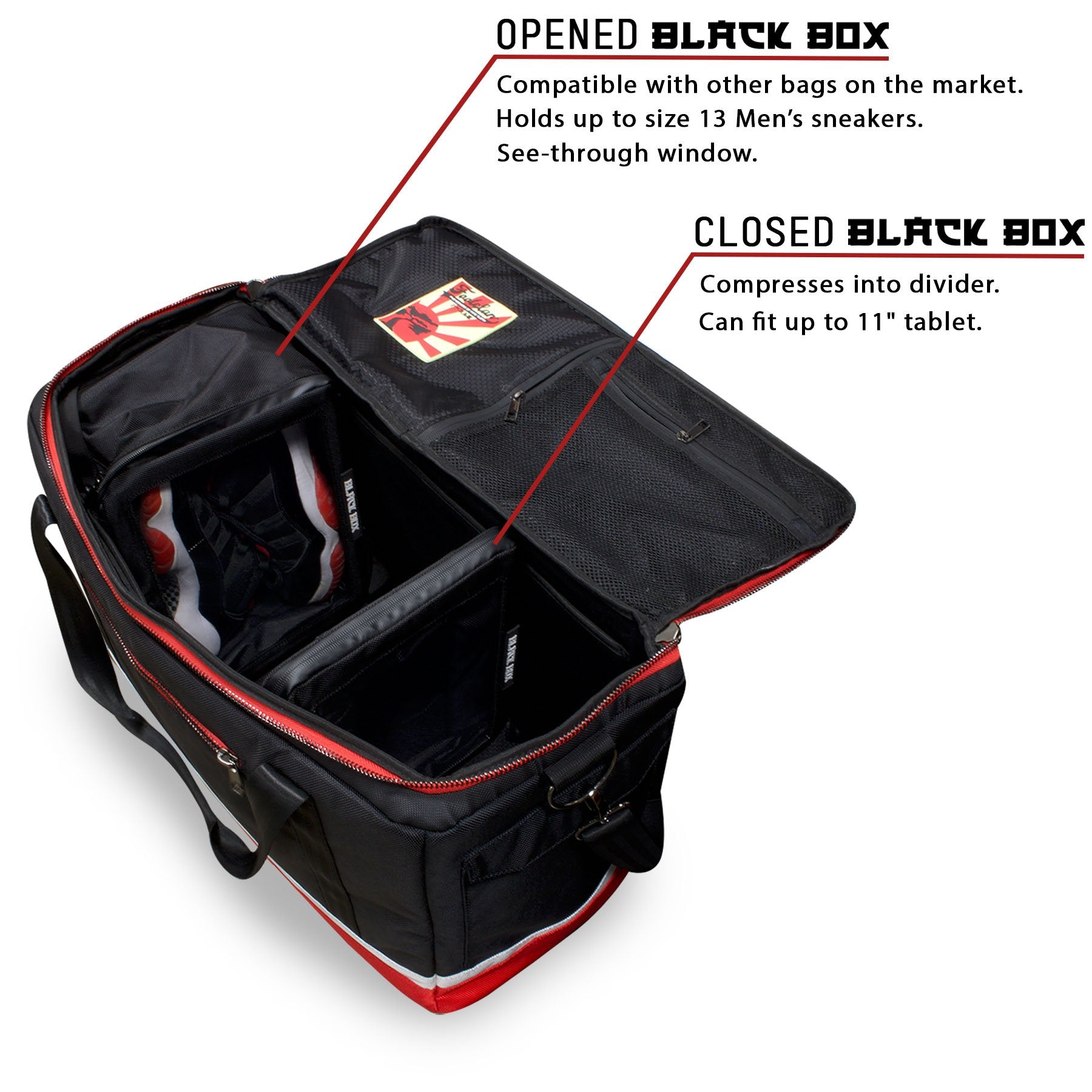 When opened, the Black Box will protect your sneakers , when closed it serves as a compartment divider