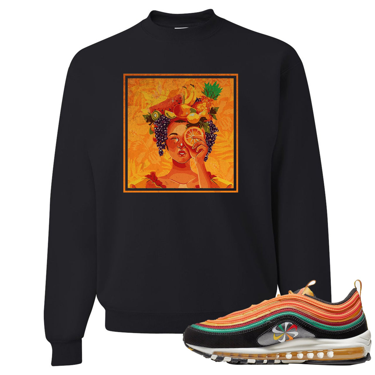 Printed on the front of the Air Max 97 Sunburst black sneaker matching crewneck sweatshirt is the Lady Fruit logo