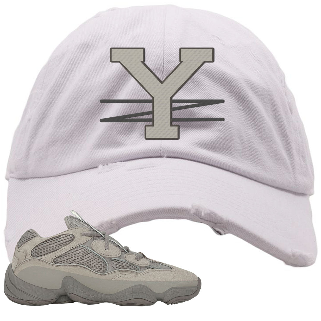 Ash Grey 500s Distressed Dad Hat | YZ, White