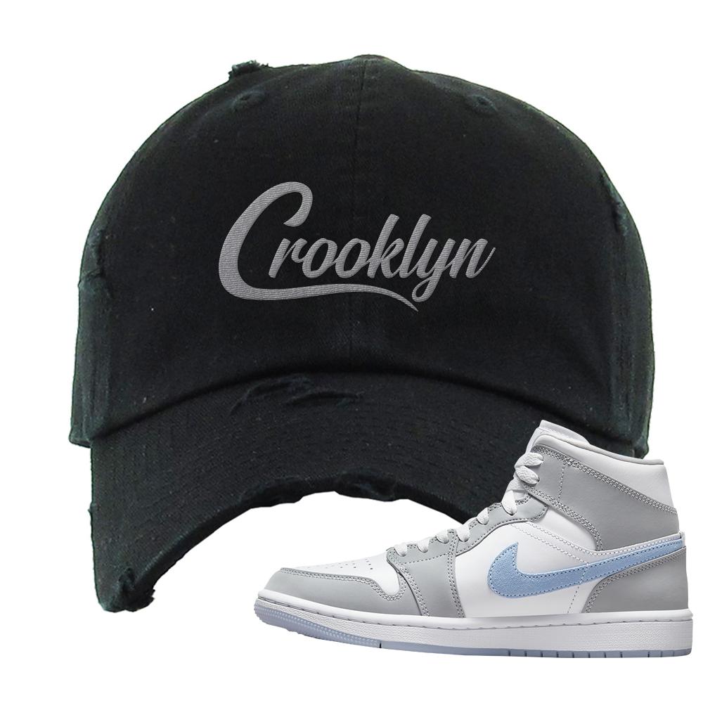 Air Jordan 1 Mid Grey Ice Blue Distressed Dad Hat | Crooklyn, Black