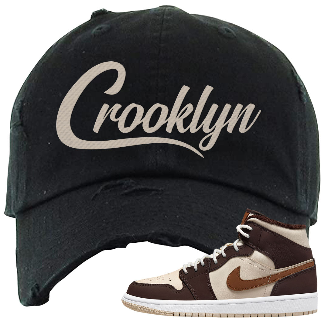 Brown Fleece Mid 1s Distressed Dad Hat | Crooklyn, Black