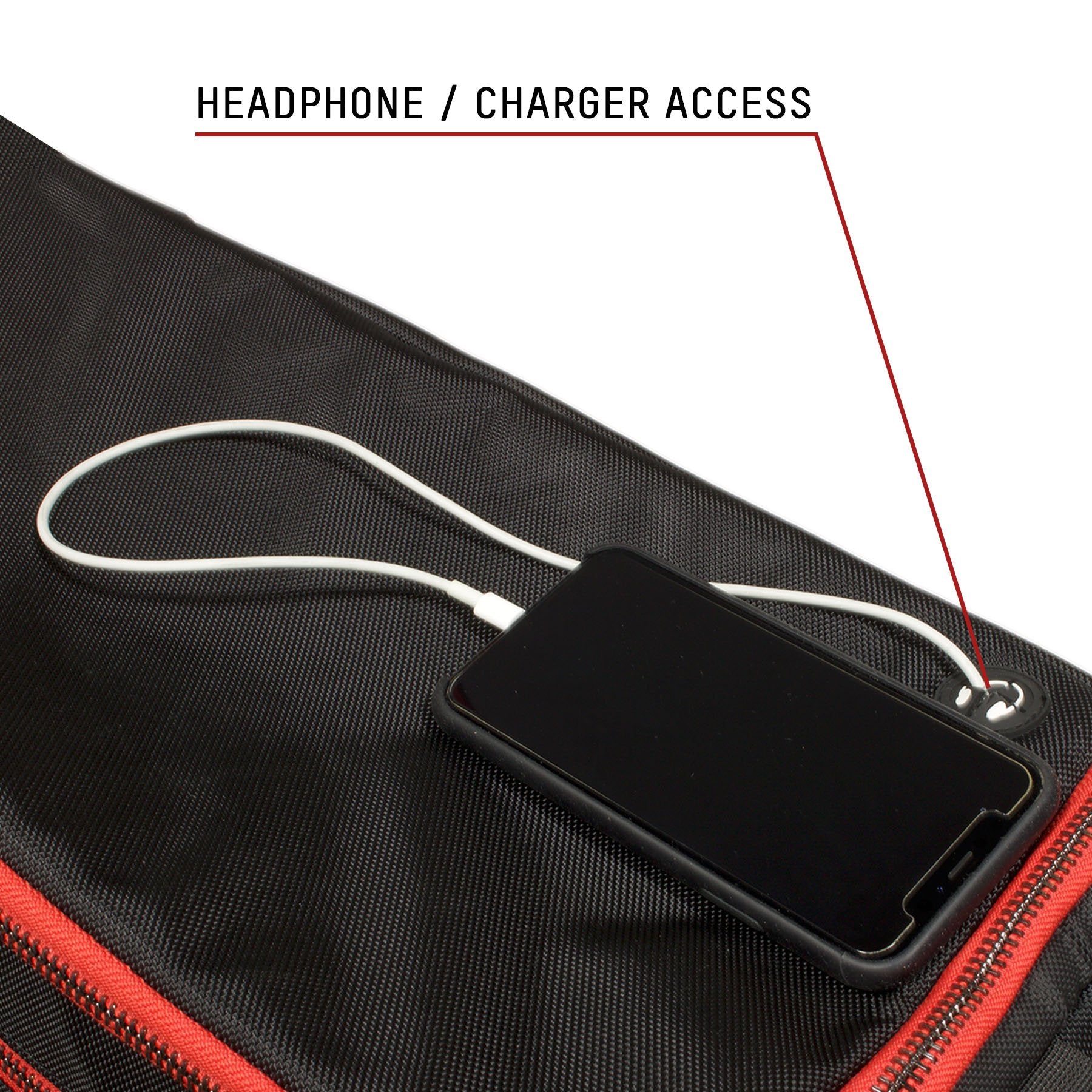 The top of the Foot Clan Flight Pack Sneaker Duffle Bag is a port for your headphone wire or phone charger.