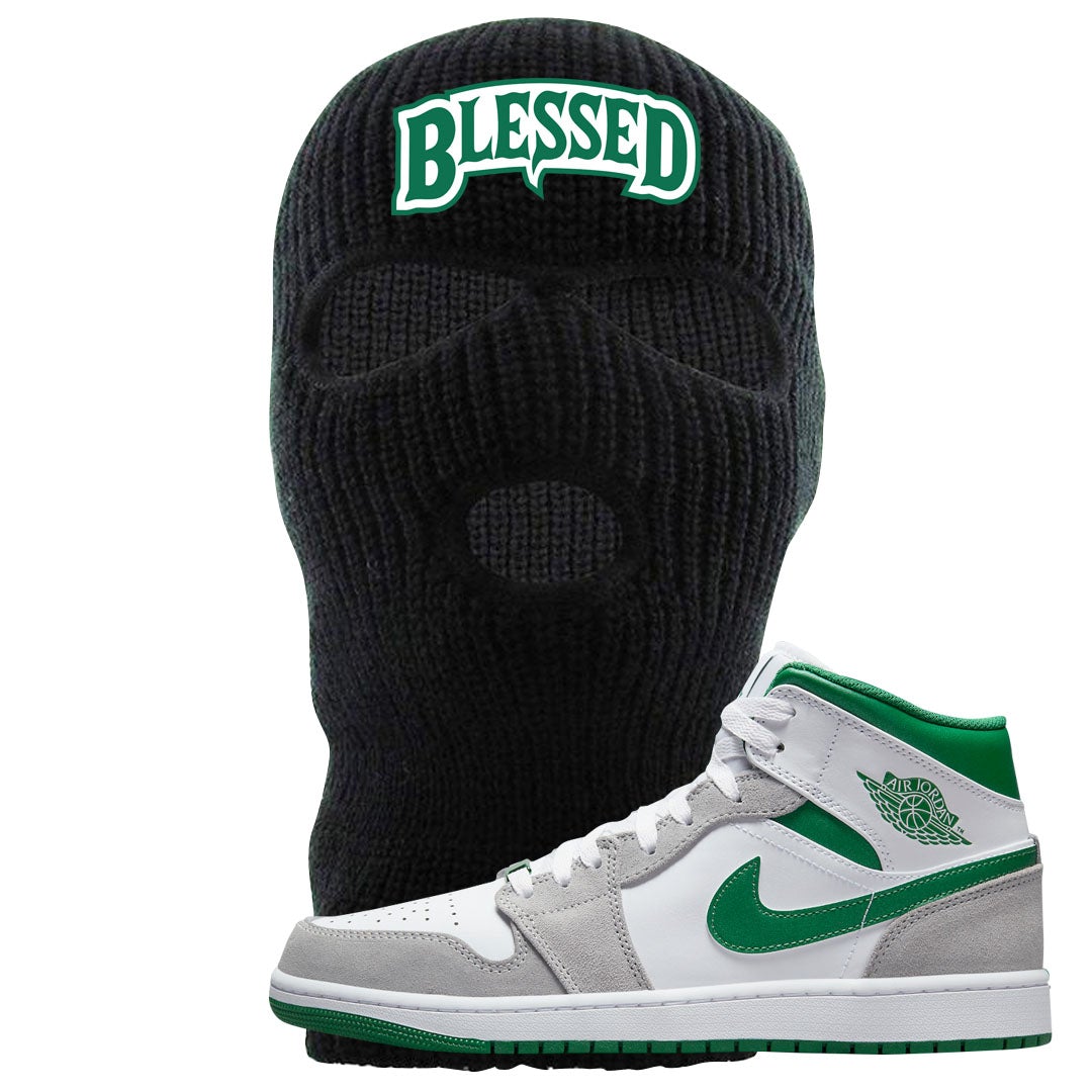 Light Smoke Pine Green Mid 1s Ski Mask | Blessed Arch, Black