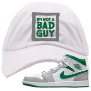 Light Smoke Pine Green Mid 1s Distressed Dad Hat | I'm Not A Bad Guy, White