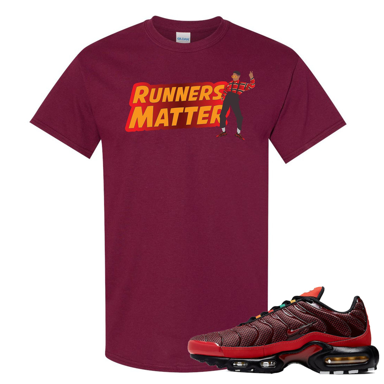 printed on the front of the air max plus sunburst sneaker matching maroon tee shirt is the runners matter logo