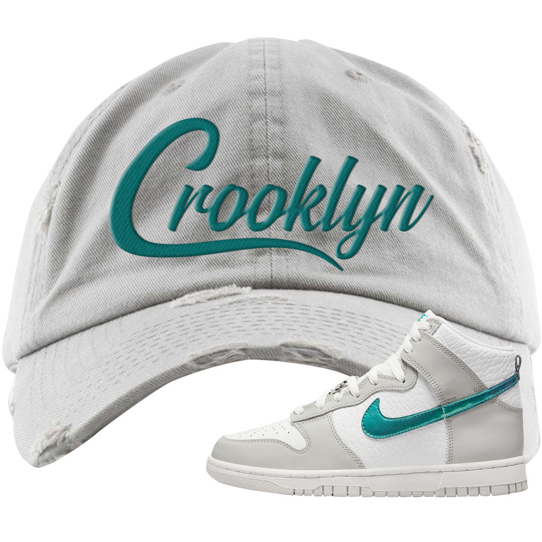 White Grey Turquoise High Dunks Distressed Dad Hat | Crooklyn, Light Gray