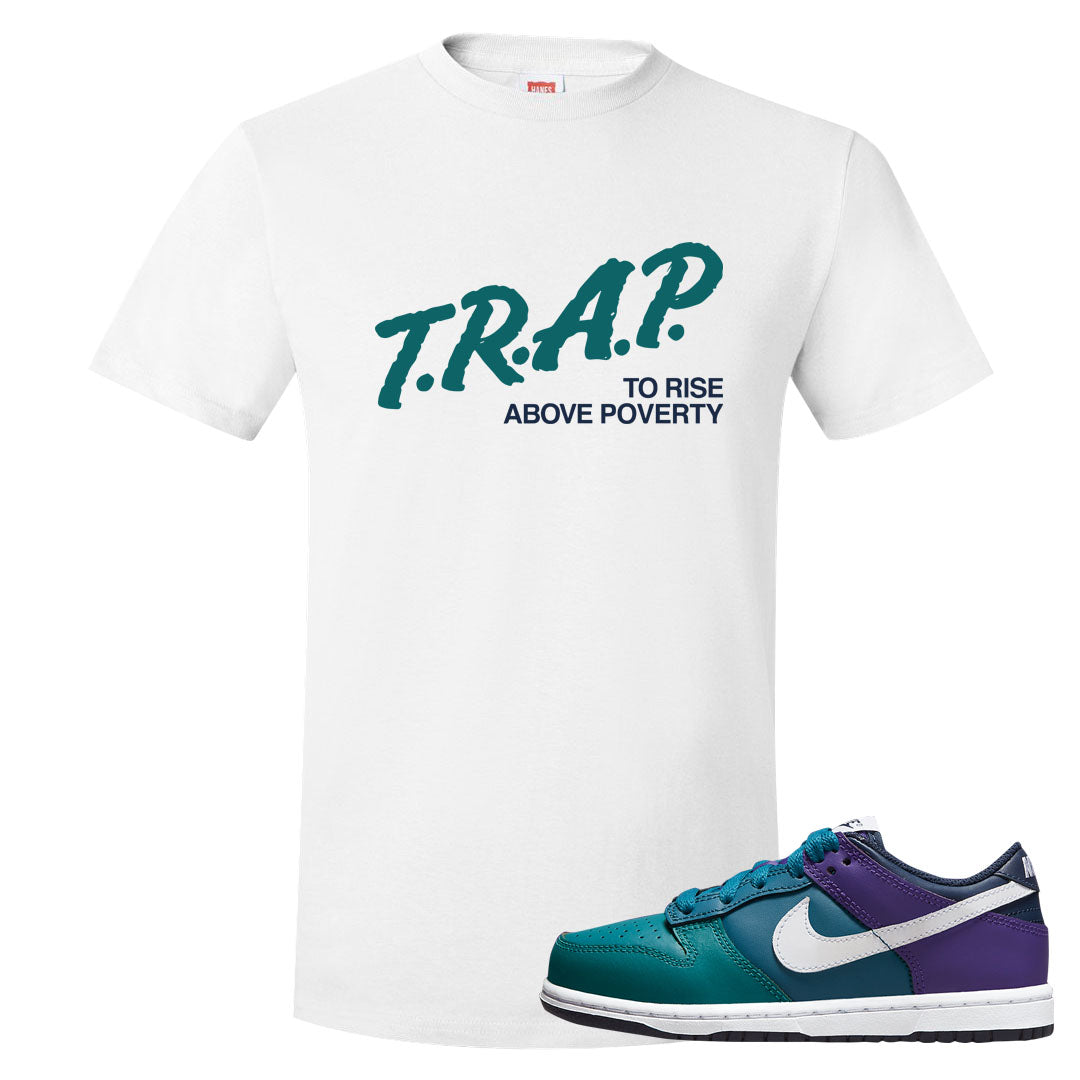Teal Purple Low Dunks T Shirt | Trap To Rise Above Poverty, White