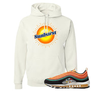 Printed on the front of the Air Max 97 Sunburst white sneaker matching pullover hoodie is the Sunburst Soda logo