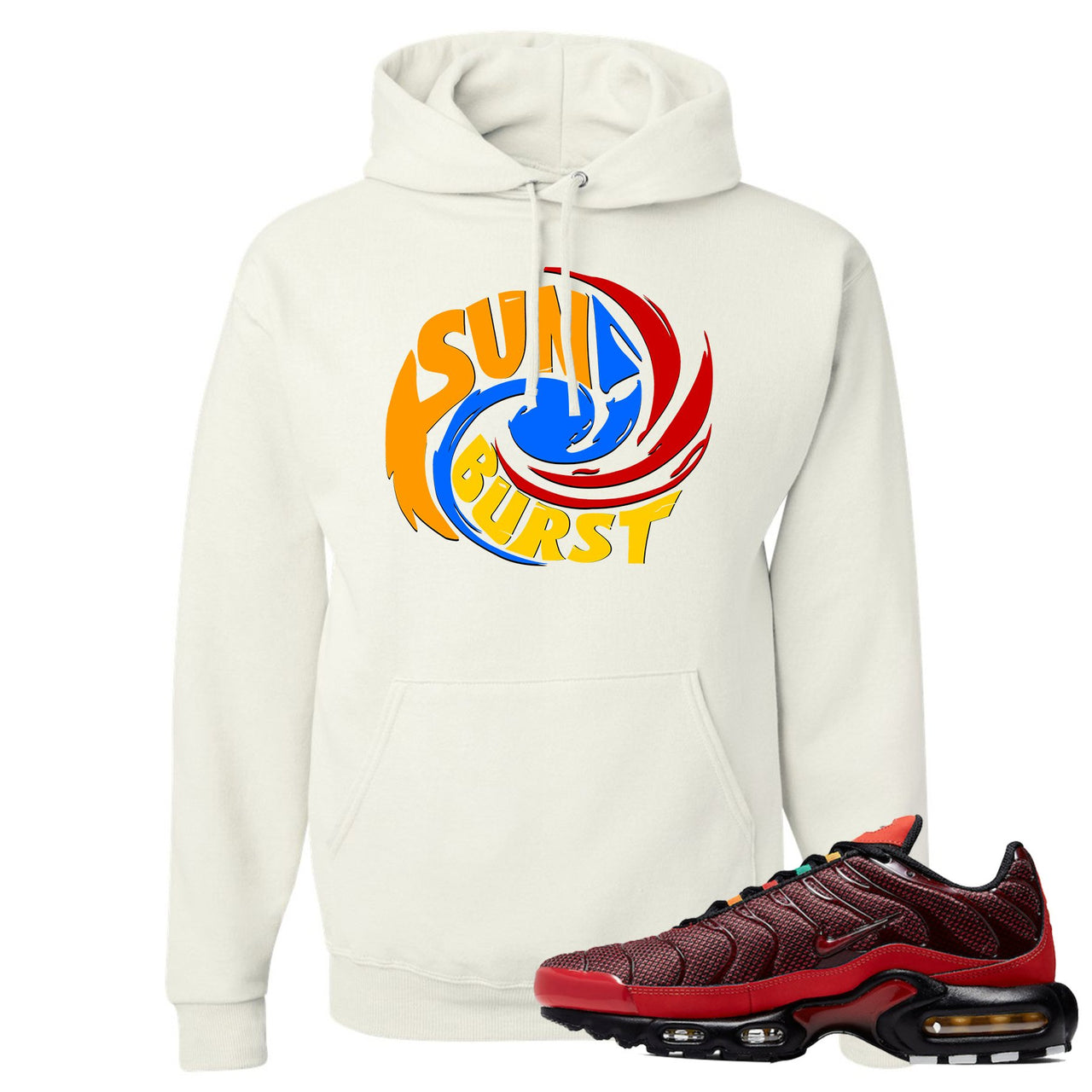 printed on the front of the air max plus sunburst sneaker matching white pullover hoodie is the sunburst hurricane logo