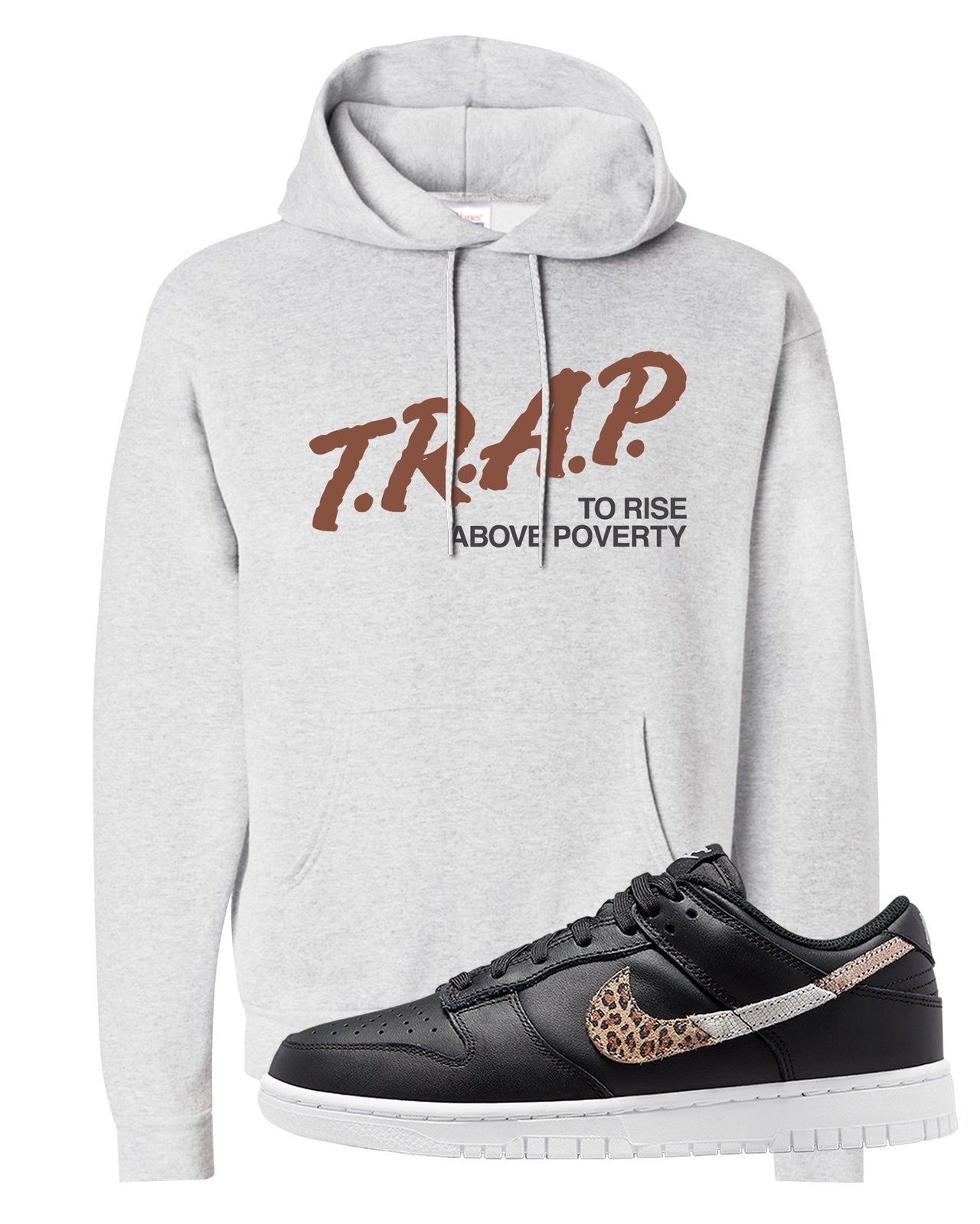 Primal Black Leopard Low Dunks Hoodie | Trap To Rise Above Poverty, Ash