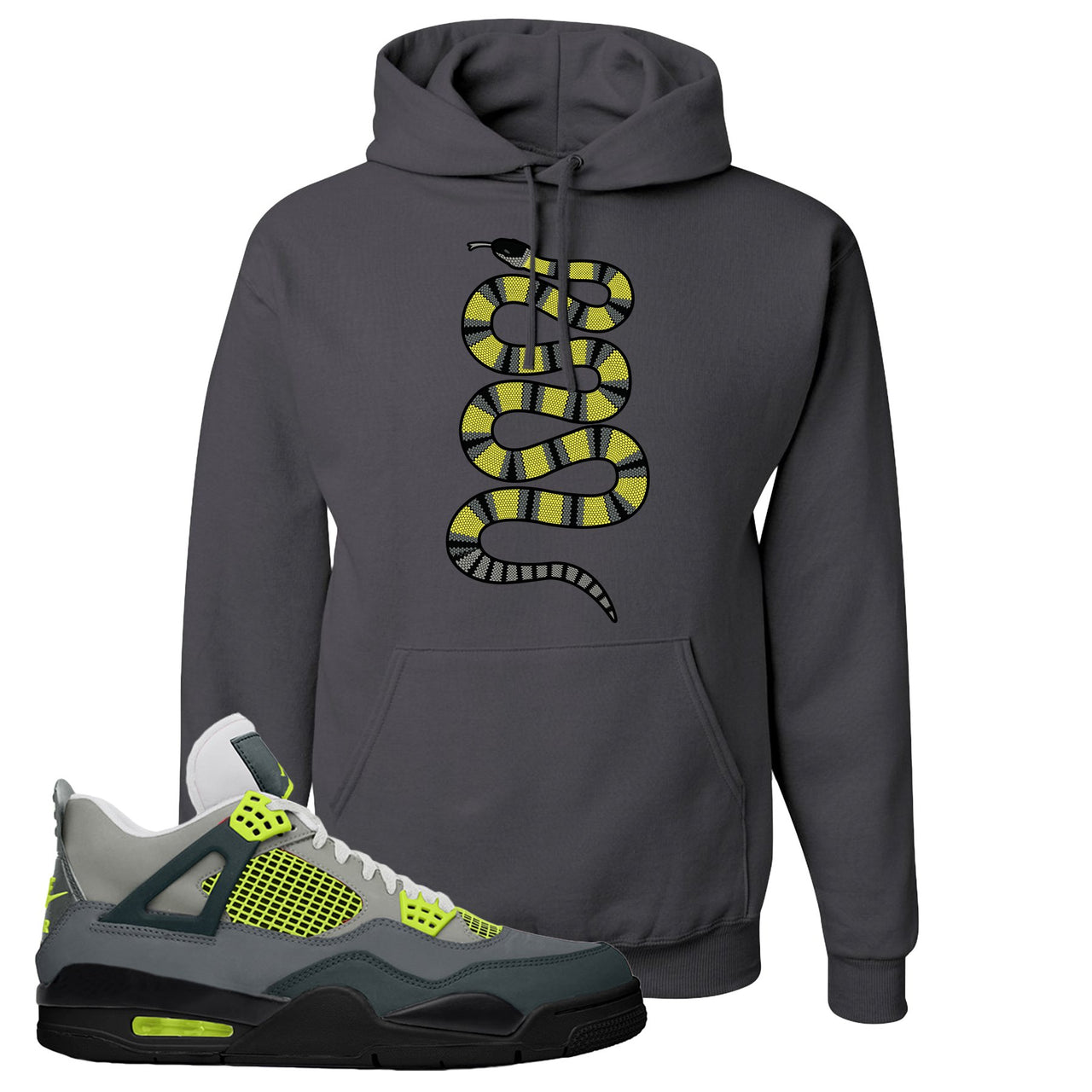 Jordan 4 Neon Sneaker Charcoal Gray Pullover Hoodie | Hoodie to match Nike Air Jordan 4 Neon Shoes | Coiled Snake