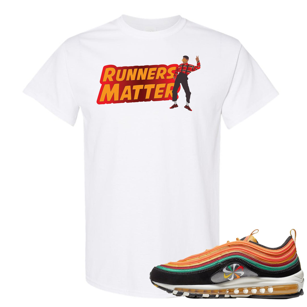 Printed on the front of the Air Max 97 Sunburst white sneaker matching t-shirt is the Runners Matter logo