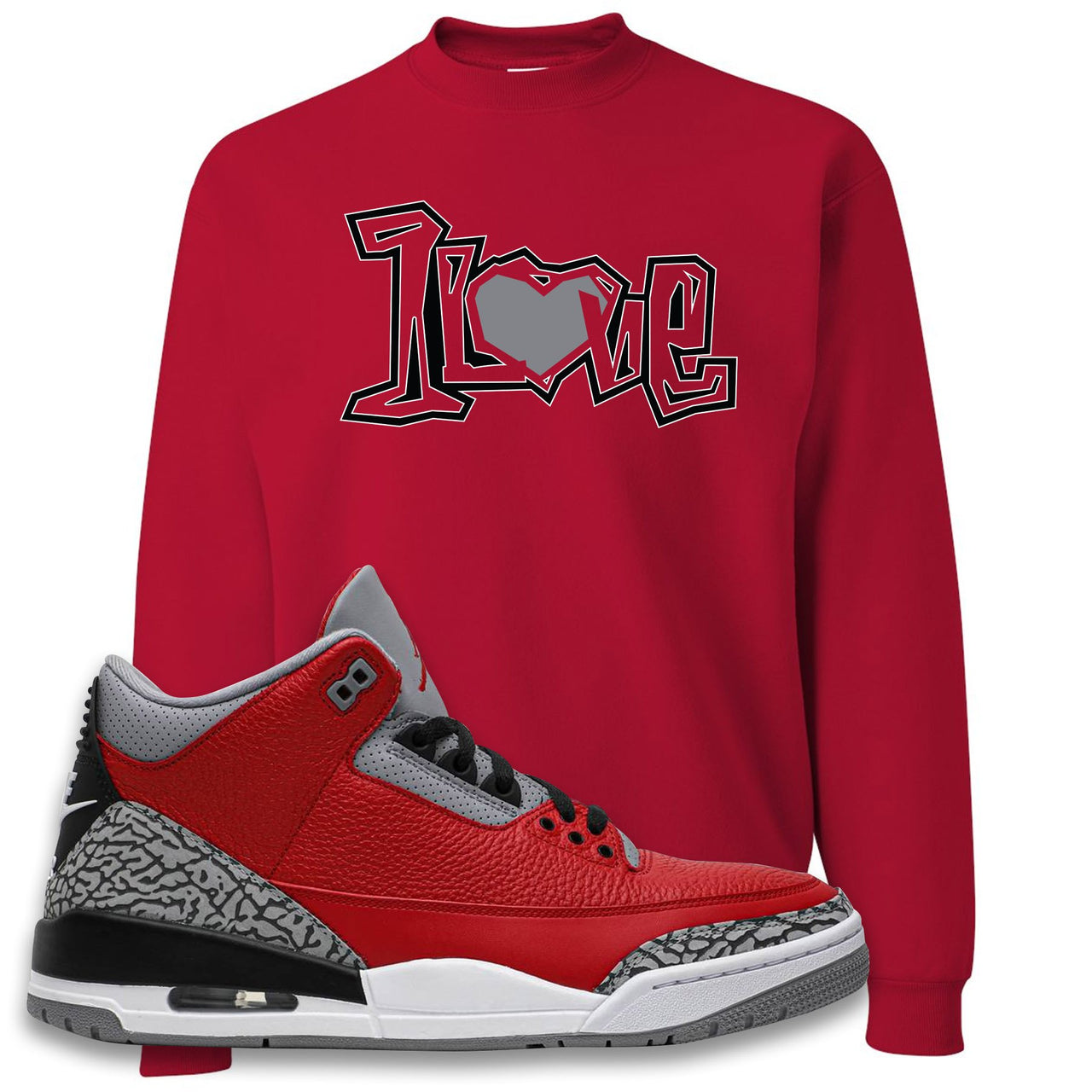 Chicago Exclusive Jordan 3 Red Cement Sneaker True Red Crewneck Sweatshirt | Crewneck to match Jordan 3 All Star Red Cement Shoes | 1 Love