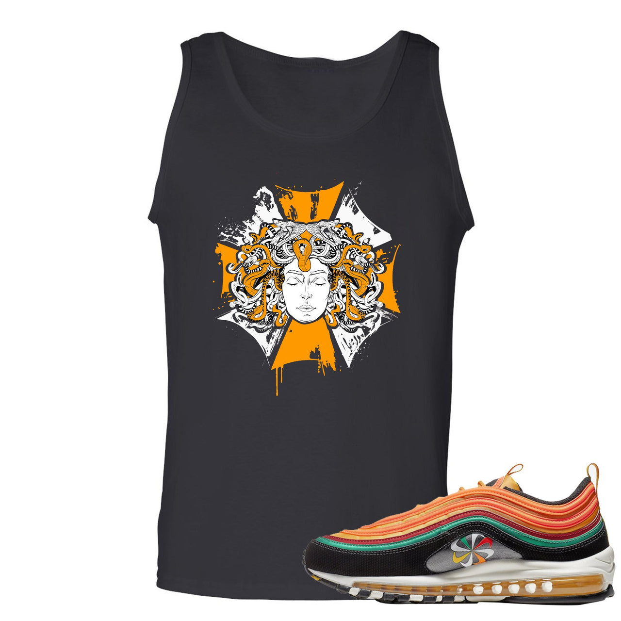 Printed on the front of the Air Max 97 Sunburst black sneaker matching tank top is the Medusa logo