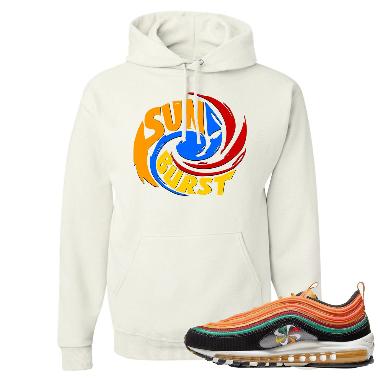 Printed on the front of the Air Max 97 Sunburst white sneaker matching pullover hoodie is the sunburst hurricane logo