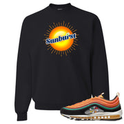 Printed on the front of the Air Max 97 sunburst black sneaker matching crewneck sweatshirt is the sunburst soda logo