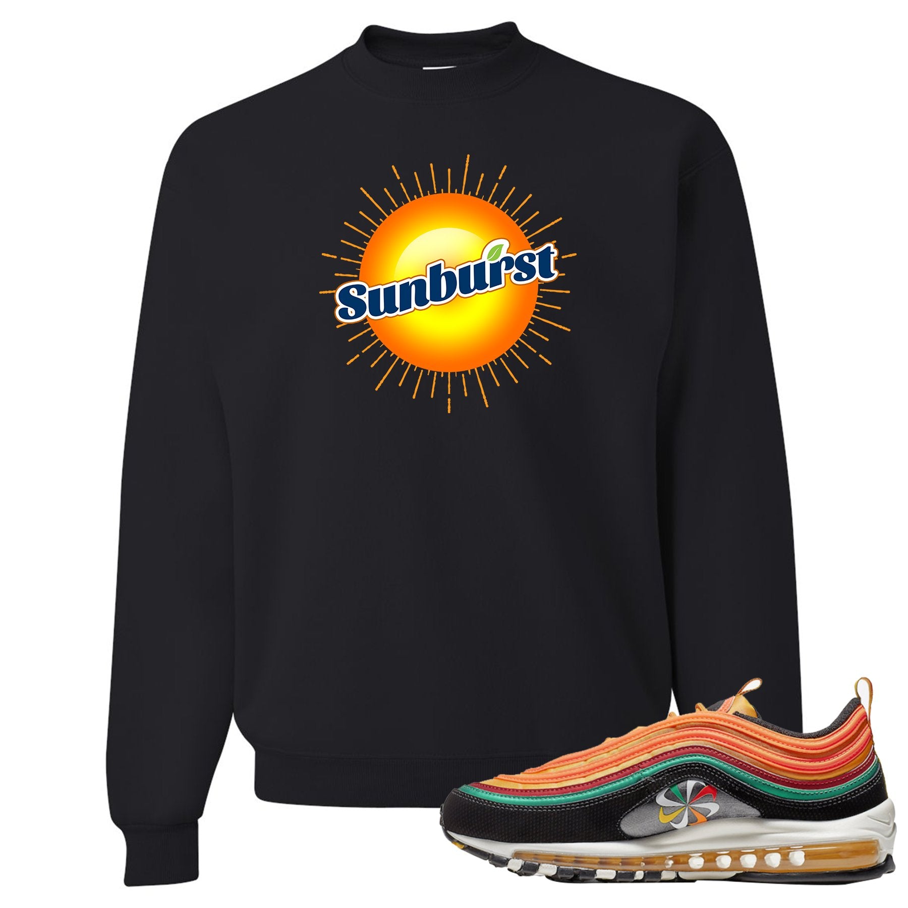 Printed on the front of the Air Max 97 sunburst black sneaker matching crewneck sweatshirt is the sunburst soda logo