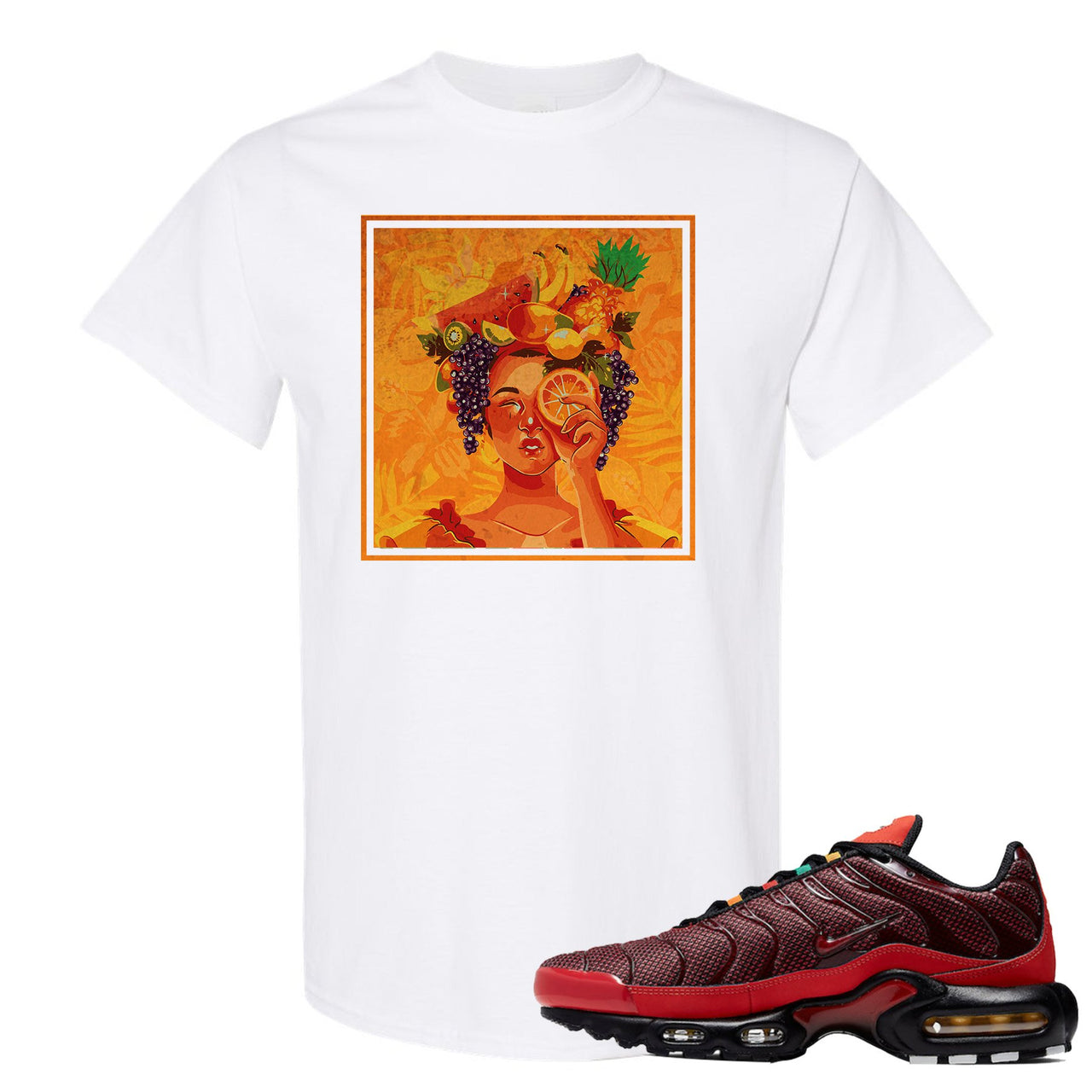 printed on the front of the air max plus sunburst sneaker matching white tee shirt is the lady fruit logo