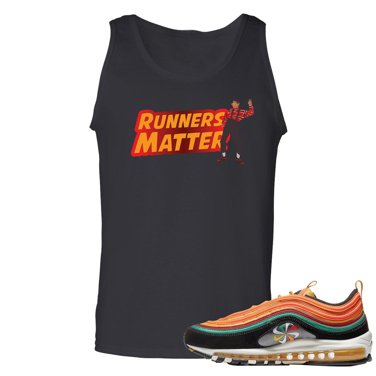 Printed on the front of the Air Max 97 sunburst black sneaker matching tank top is the runners matter logo