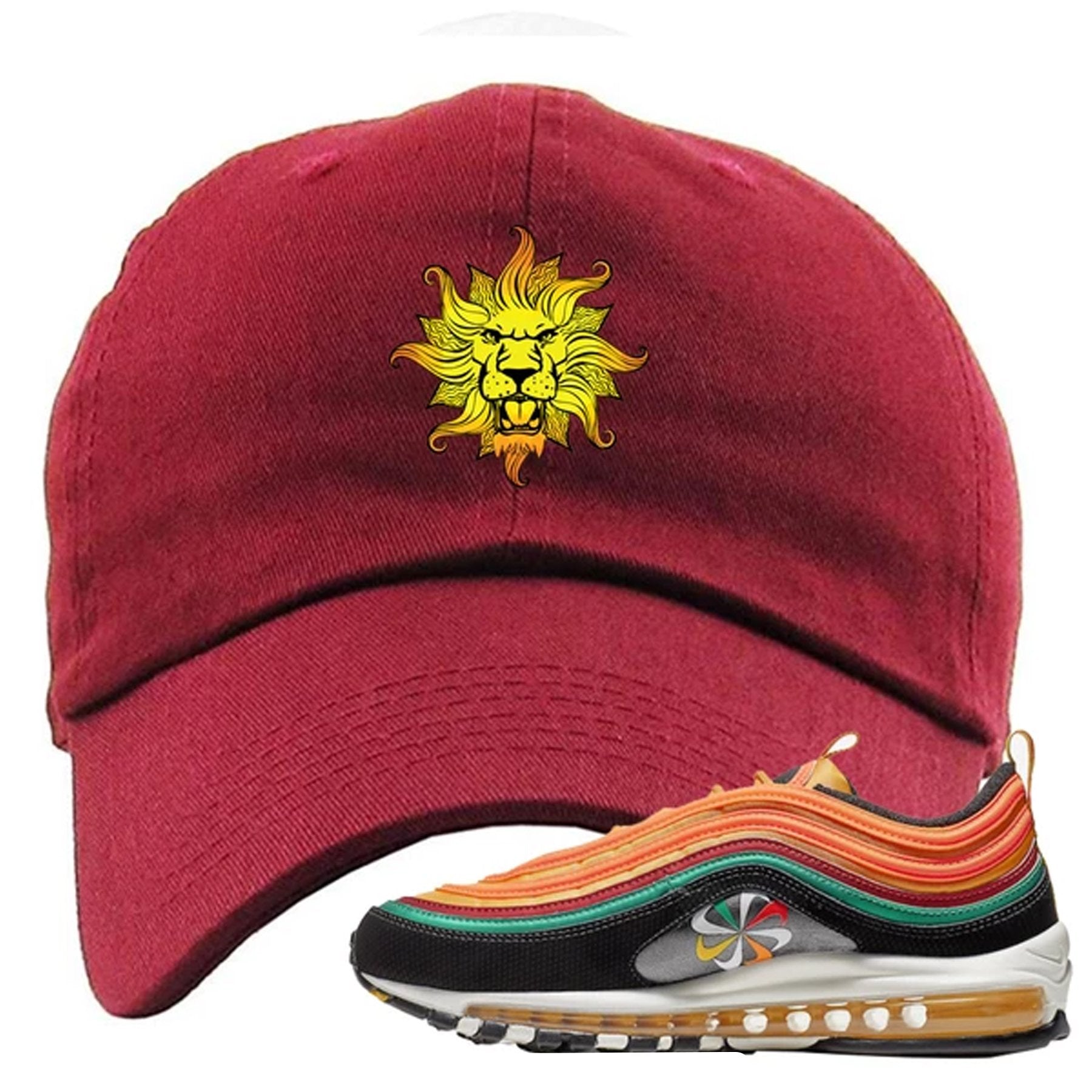 Embroidered on the front of the Air Max 97 Sunburst sneaker matching maroon dad hat is the Vintage Lion Head logo