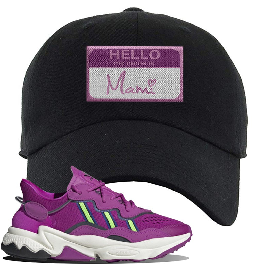 Ozweego Vivid Pink Sneaker Black Dad Hat | Hat to match Adidas Ozweego Vivid Pink Shoes | Hello my Name is Mami