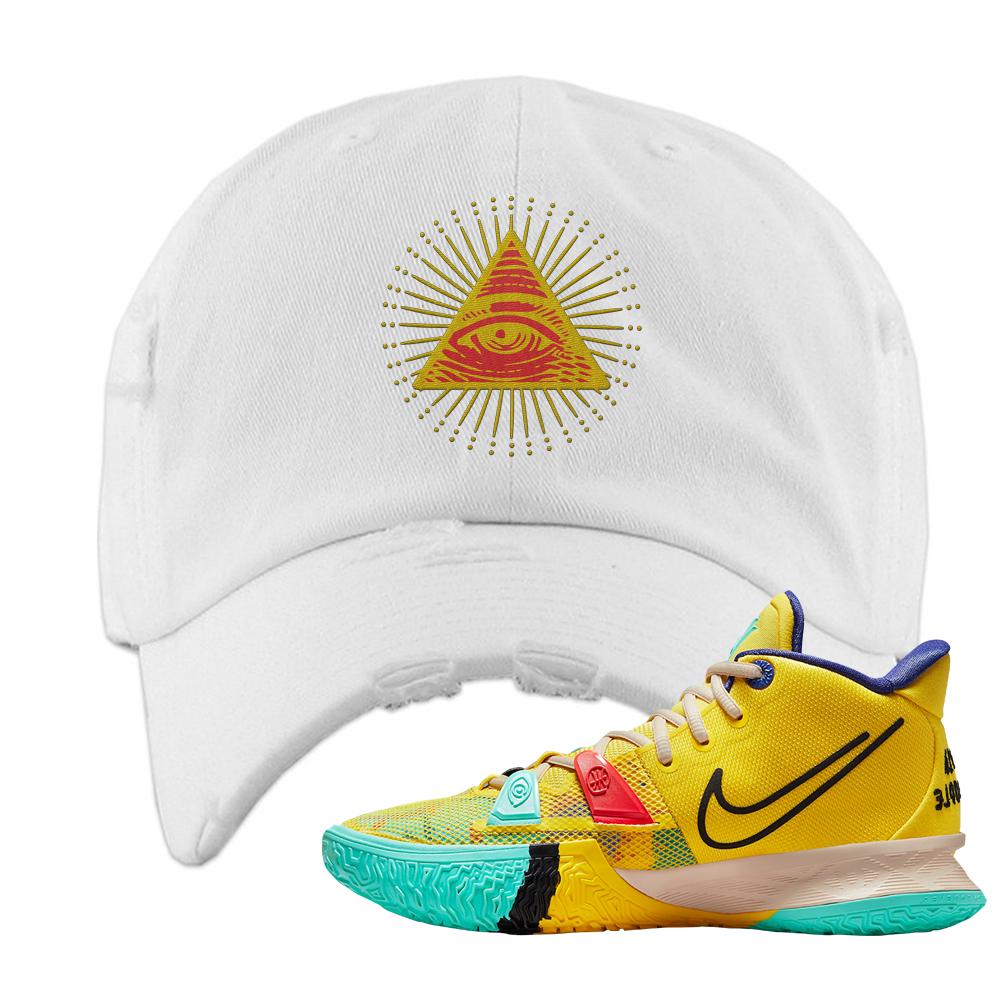 1 World 1 People Yellow 7s Distressed Dad Hat | All Seeing Eye, White