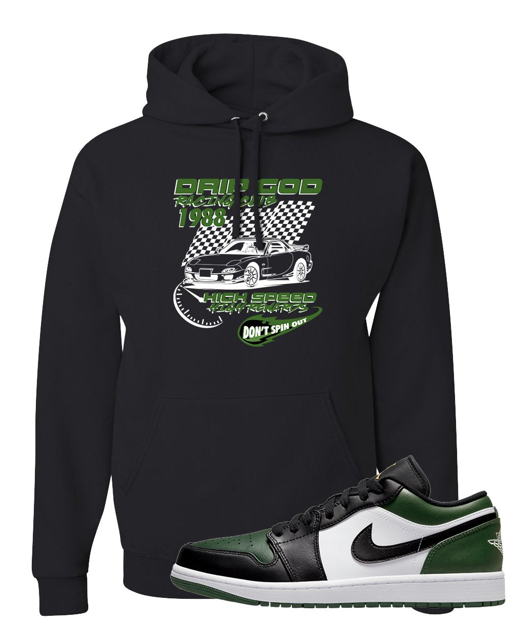 Green Toe Low 1s Hoodie | Drip God Racing Club, Black