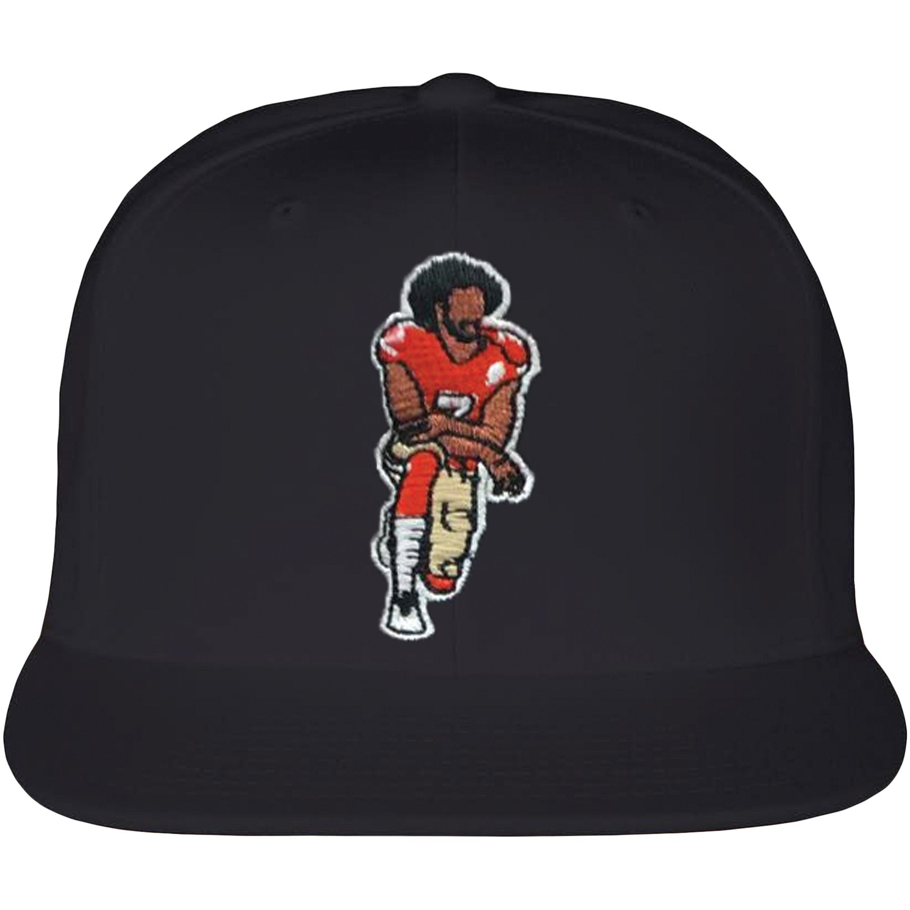 Embroidered on the front of the Colin Kaepernick black snapback hat is the Kaepernick kneeling logo