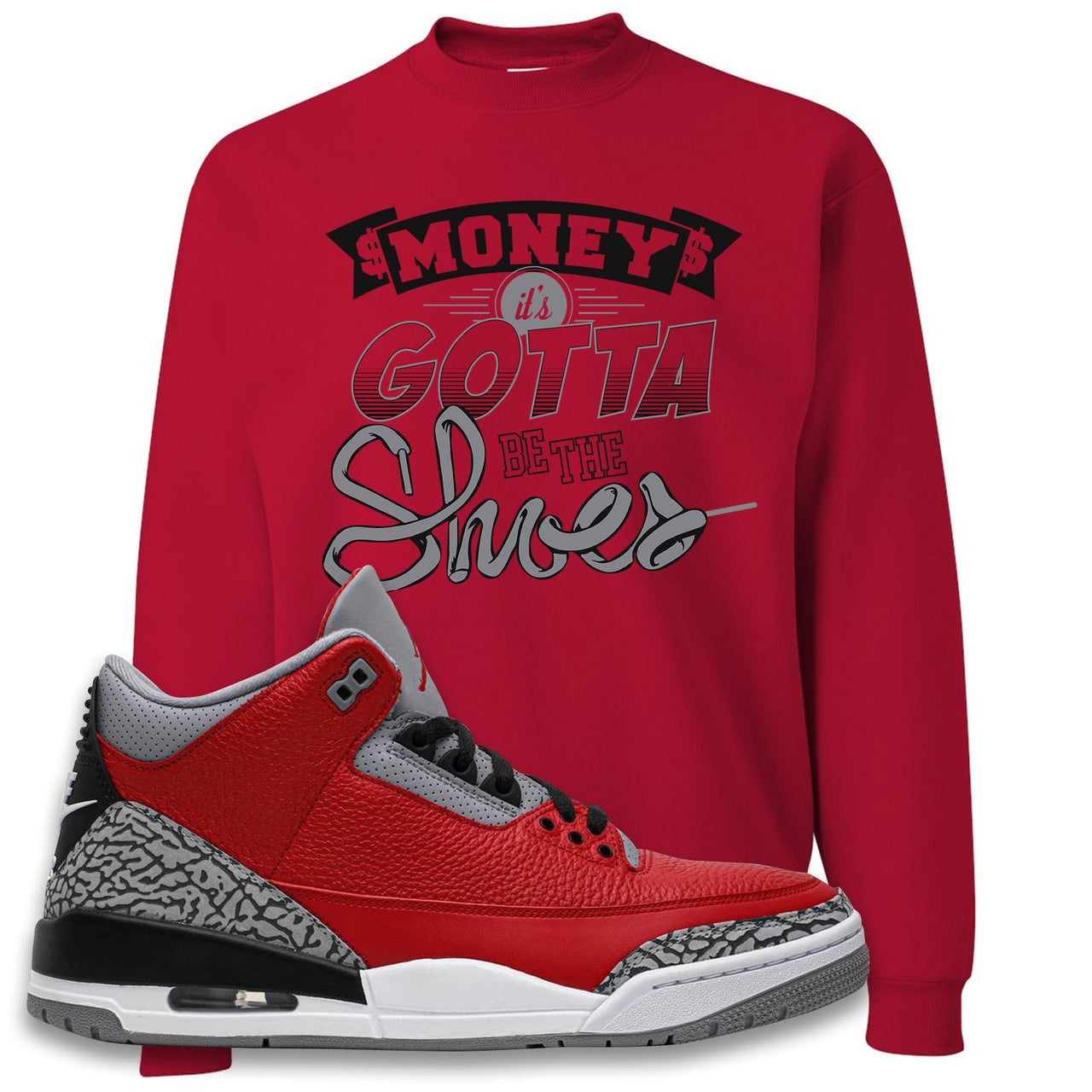 Chicago Exclusive Jordan 3 Red Cement Sneaker True Red Crewneck Sweatshirt | Crewneck to match Jordan 3 All Star Red Cement Shoes | Money Its The Shoes