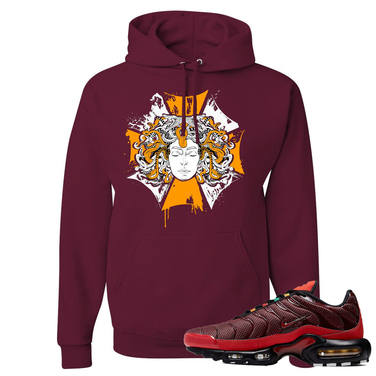 printed on the front of the air max plus sunburst sneaker matching maroon pullover hoodie