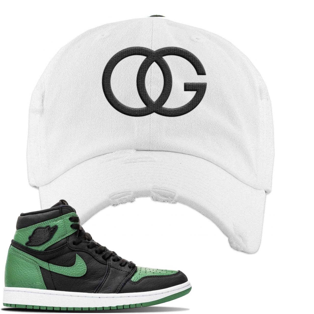Jordan 1 Retro High OG Pine Green Gym Sneaker White Distressed Dad Hat | Hat to match Air Jordan 1 Retro High OG Pine Green Gym Shoes | OG