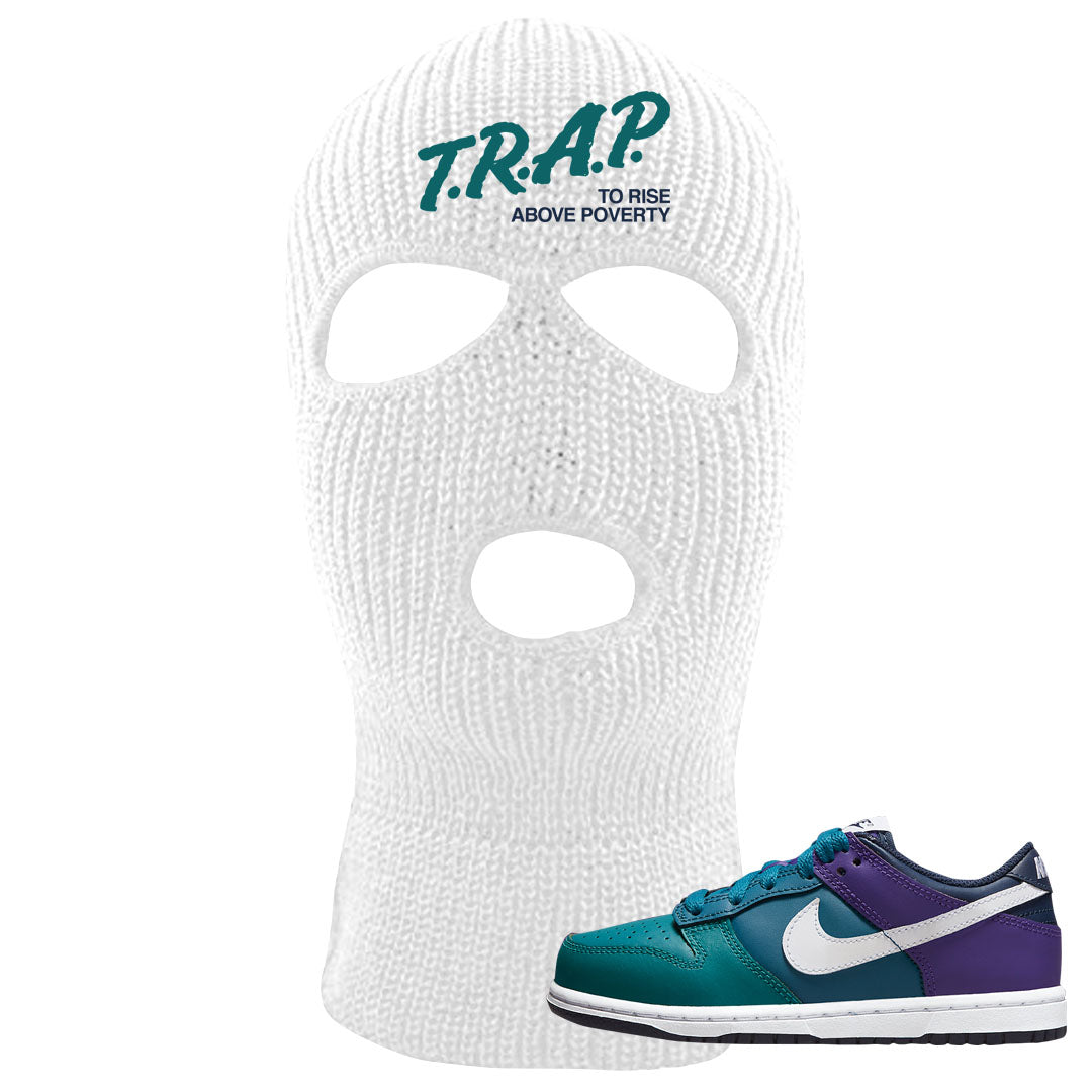 Teal Purple Low Dunks Ski Mask | Trap To Rise Above Poverty, White